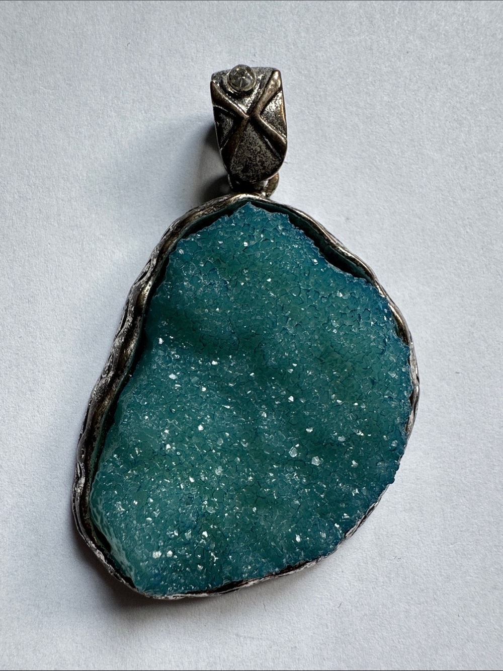 Teal Druzy Quartz Geode Pendant Necklace - Natural Crystal Accent